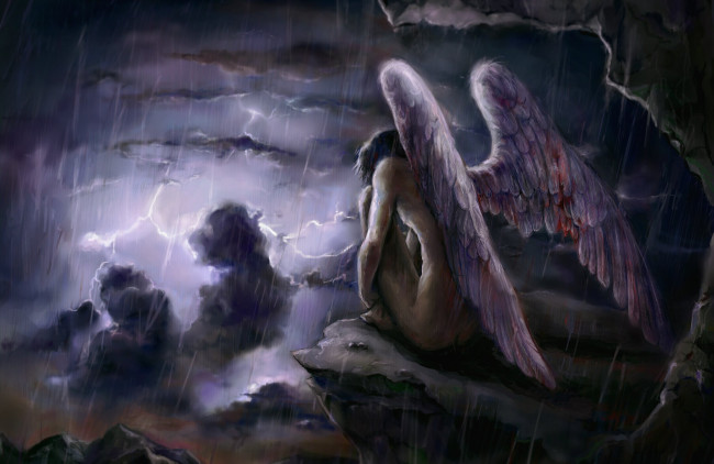 Обои картинки фото фэнтези, ангелы, ливень, парень, крылья, падший, ангел, арт, молния, облака, небо, фантастика
