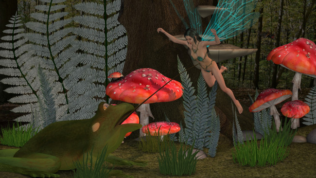 Обои картинки фото 3д графика, эльфы , elves, фея, взгляд, фон, полет, лес, грибы, лягушка