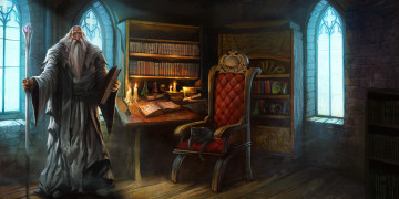 Картинка фэнтези маги +волшебники старик комната кот борода посох обстановка