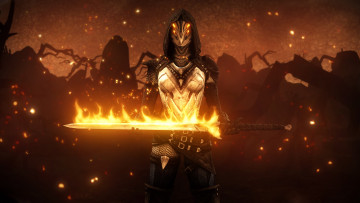Картинка 3д+графика фантазия+ fantasy девушка существо фон меч униформа огонь