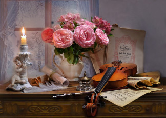 обоя музыка, -музыкальные инструменты, свеча, ноты, скрипка, розы, букет