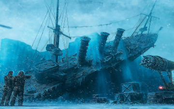 Картинка фэнтези корабли корабль снег лед люди ящики оборудование