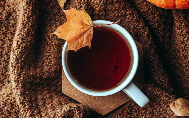 Обои картинки фото еда, напитки,  чай, кленовый, лист, чай, осень
