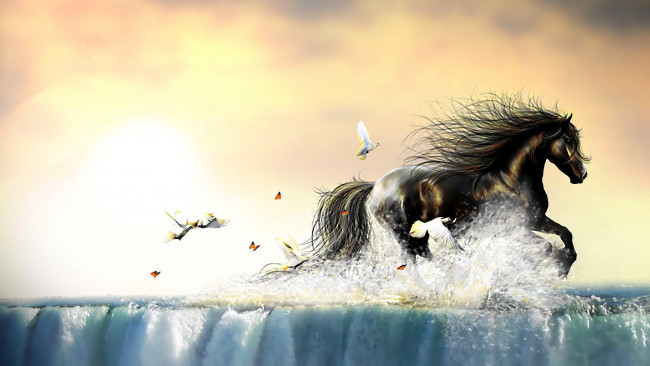 Обои картинки фото рисованное, животные,  лошади, лошадь, птицы, водопад