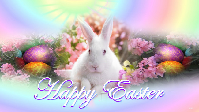 Обои картинки фото праздничные, пасха, кролик, цветы, яйца