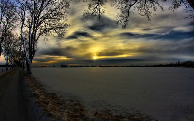 Обои картинки фото природа, восходы, закаты, вечер, мороз, деревья, снег, поле, зима