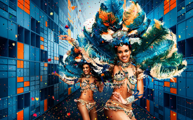 Обои картинки фото разное, маски, карнавальные, костюмы, перья, бразильский, карнавал