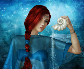 Картинка 3д графика people люди огоньки ренденринг девушка лицо взгляд красные волосы косичка ракушка вода украшения фон