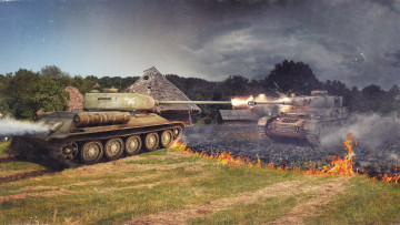 Картинка world of tanks видео игры мир танков поле трава пламя хата танки дуэль