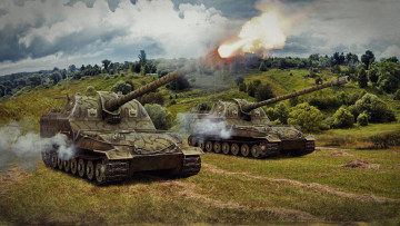 Картинка world of tanks видео игры мир танков поле трава холмы самоходки гаубицы залп