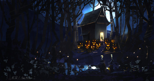Обои картинки фото праздничные, хэллоуин, деревья, луна, дом, тыквы, колдун, шабаш, ночь, дети, лес