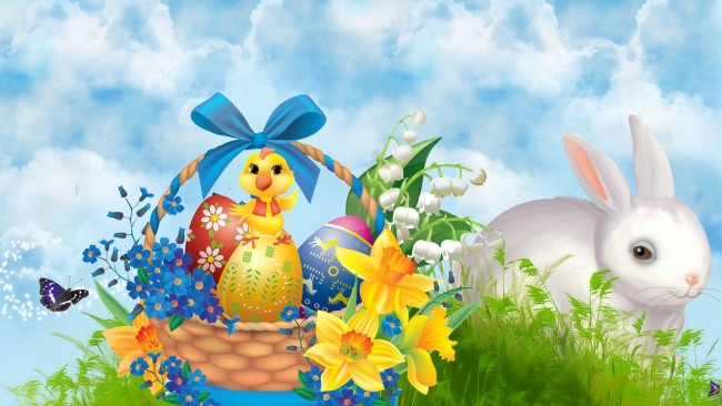 Обои картинки фото праздничные, пасха, яйца, корзина, цветы, кролик