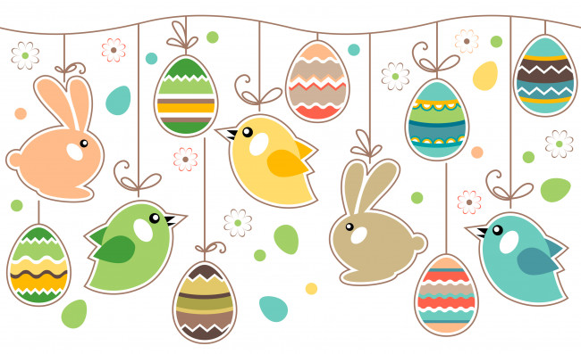 Обои картинки фото праздничные, пасха, яйца, кролики, птички
