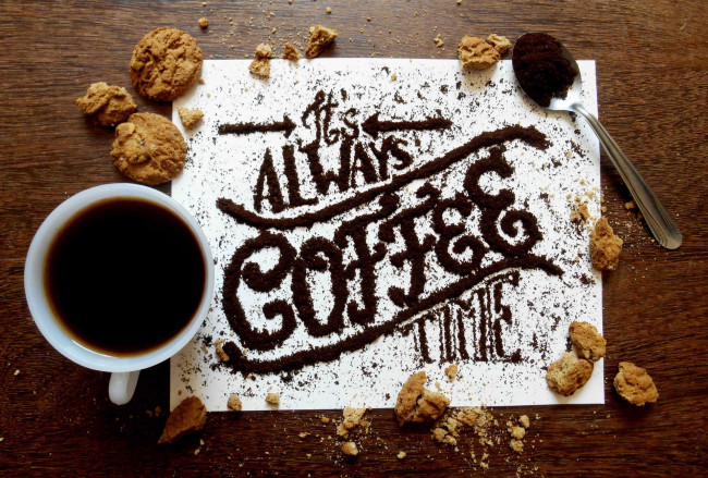Обои картинки фото еда, кофе,  кофейные зёрна, надпись, печенье, чашка