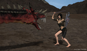Картинка 3д+графика фантазия+ fantasy девушка взгляд фон оружие дракон