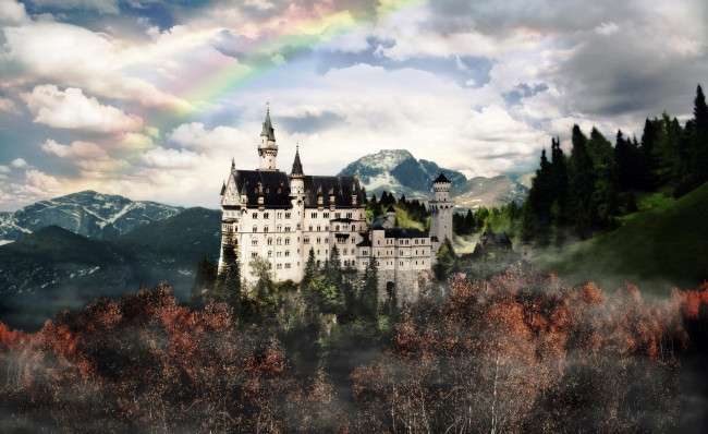 Обои картинки фото города, замок нойшванштайн , германия, дворец, замок, туман, радуга, тучи, горы, осень, деревья, лес