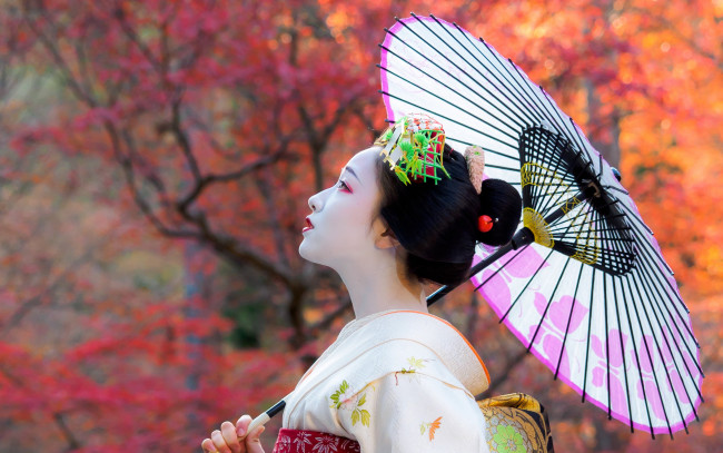 Обои картинки фото девушки, -unsort , азиатки, япония, девушка, азиатка, гейша, гейко, майко, кимоно, зонт, осень