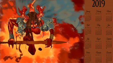 Картинка календари фэнтези рога оружие демон девушка