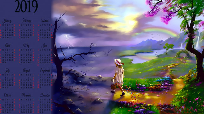 Обои картинки фото календари, фэнтези, молния, радуга, дерево, шляпа, девочка