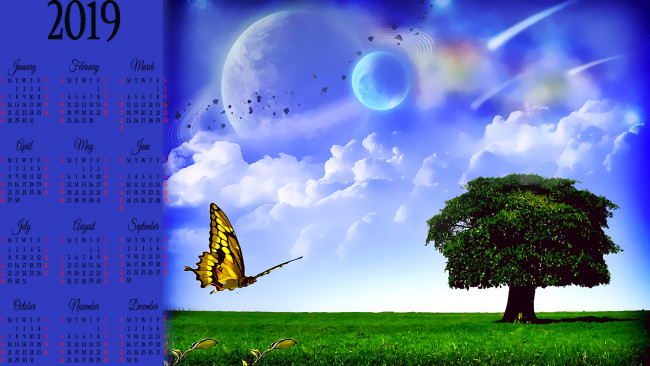 Обои картинки фото календари, компьютерный дизайн, небо, облако, природа, планета, дерево, бабочка