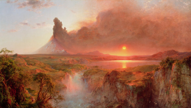 Обои картинки фото рисованное, природа, озеро, пейзаж, деревья, солнце, дым, скалы, камни