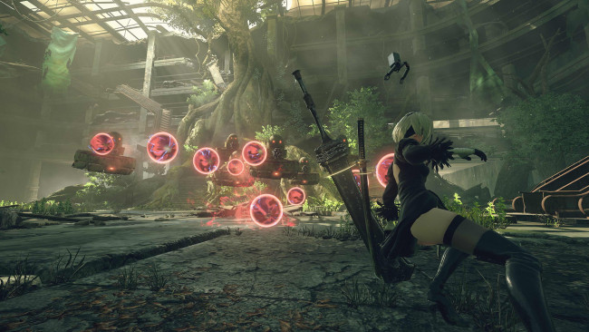 Обои картинки фото видео игры, nier,  automata, 2в, девушка, андроид, оружие, развалины, шары, дерево