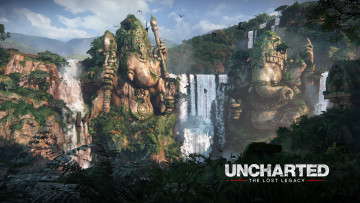 обоя видео игры, uncharted,  the lost legacy, скалы, водопад, статуи, джунгли
