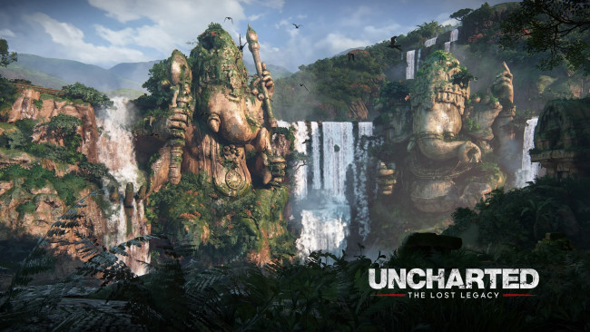 Обои картинки фото видео игры, uncharted,  the lost legacy, скалы, водопад, статуи, джунгли