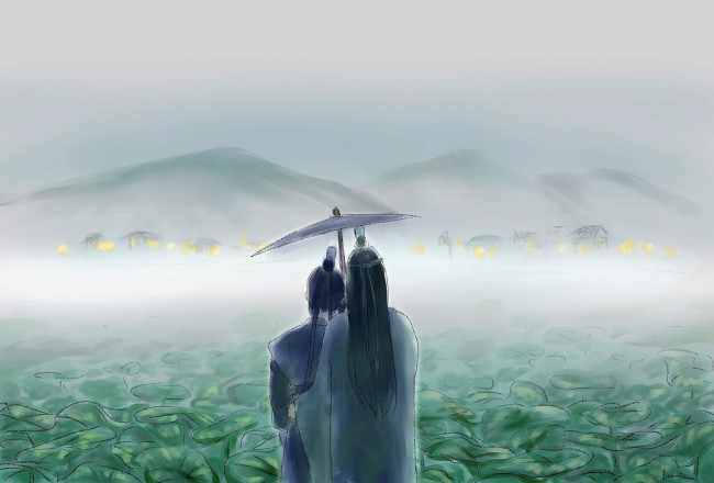 Обои картинки фото аниме, mo dao zu shi, цзян, чэн, лотосы, горы, зонт, лань, сичэнь