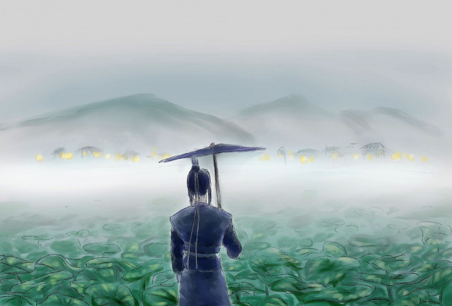 Обои картинки фото аниме, mo dao zu shi, цзян, чэн, лотосы, горы, зонт