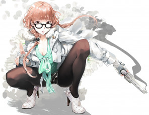 Картинка аниме weapon blood technology девушка оружие пистолет сидя очки рыжая