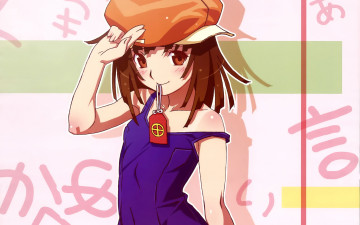 обоя аниме, bakemonogatari, sengoku nadeko, шляпа, девушка, купальник, оберег, надпись
