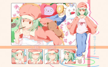 обоя аниме, bakemonogatari, sengoku nadeko, шляпа, пиджак, девушка, пижама, игрушки, еда