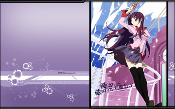 обоя аниме, bakemonogatari, senjougahara hitagi, девушка, форма, инструменты, ножницы, нож, небо, лестница, облака