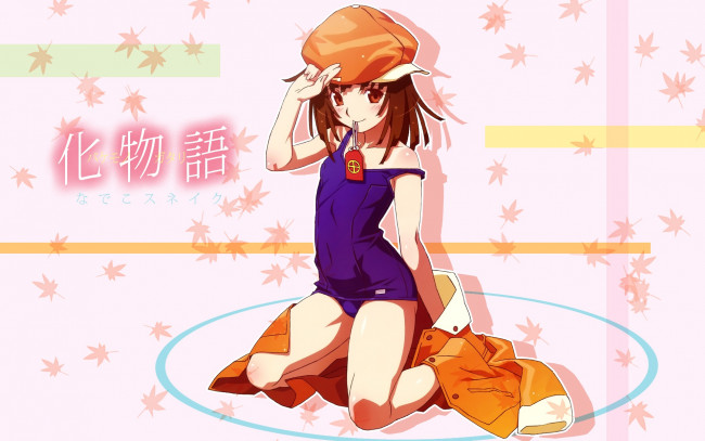 Обои картинки фото аниме, bakemonogatari, sengoku nadeko, шляпа, девушка, купальник, оберег, надпись, пиджак