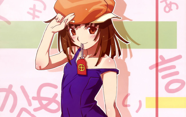 Обои картинки фото аниме, bakemonogatari, sengoku nadeko, шляпа, девушка, купальник, оберег, надпись
