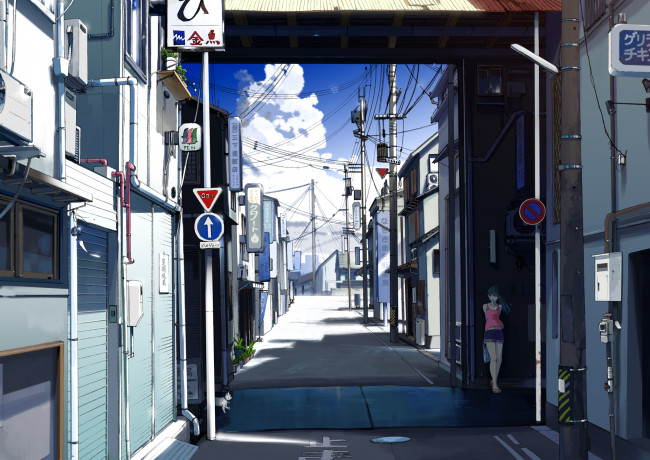 Обои картинки фото аниме, *unknown, другое, девушка, улица, город, мороженое, указатели, провода, дома, дорога, небо, облака, свет