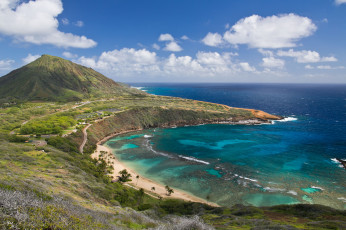 Картинка hanauma bay o& 699 ahu island hawai природа побережье пейзаж гора гавайи залив ханаума остров оаху oahu