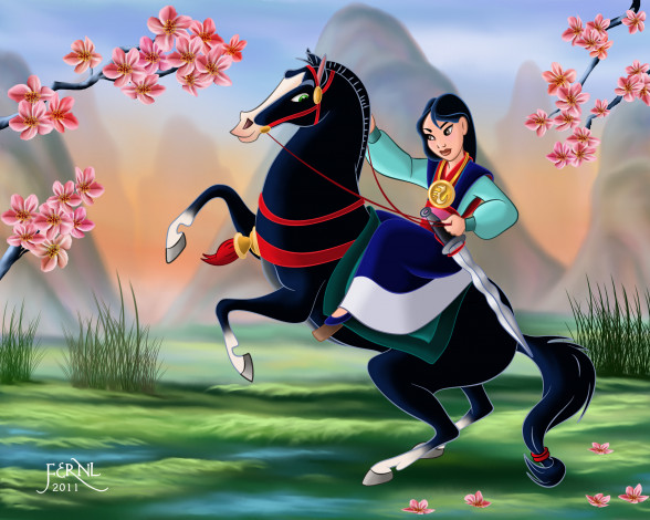Обои картинки фото мультфильмы, mulan, лошадь, девушка