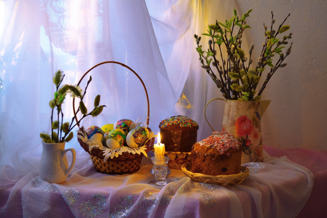 Обои картинки фото праздничные, пасха, яйца, свеча, верба, кулич, корзинка