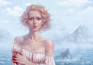 Картинка рисованные люди чайки корабль облака кровь слёзы ветер море девушка блондинка
