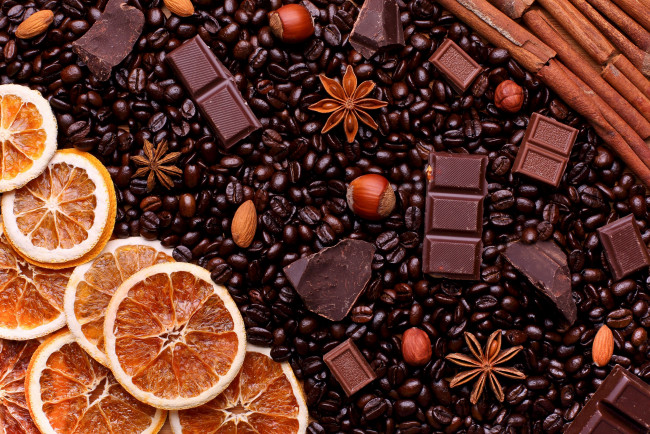 Обои картинки фото еда, разное, кофейные, зёрна, шоколад, орехи, корица, апельсин