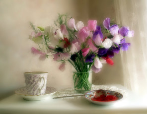 обоя еда, натюрморт, чай, цветы, варенье