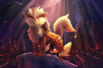 Картинка аниме pokemon покемон arcanine монстр скала пещера