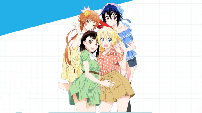 Обои картинки фото аниме, nisekoi, взгляд, девушки, фон