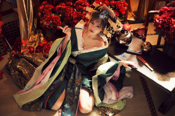 Картинка девушки -unsort+ азиатки азиатка кимоно трубка гейша стиль цветы