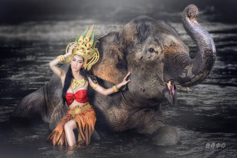 Картинка девушки -unsort+ азиатки слон вода стиль девушка азиатка наряд