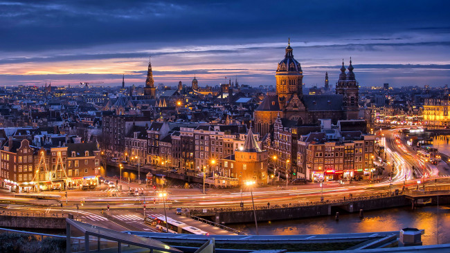 Обои картинки фото города, амстердам , нидерланды, огни, вечер, панорама