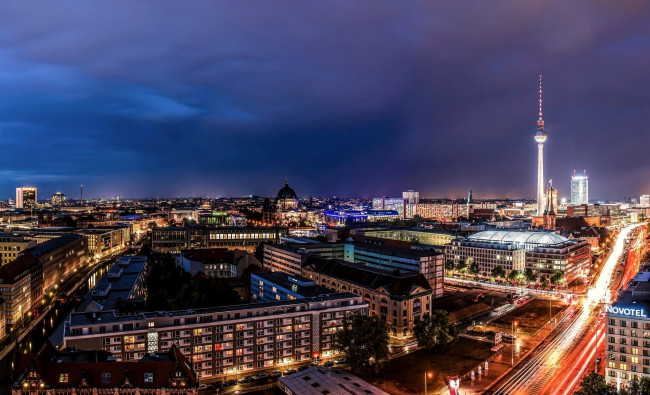 Обои картинки фото города, берлин , германия, огни, вечер, телевышка, панорама
