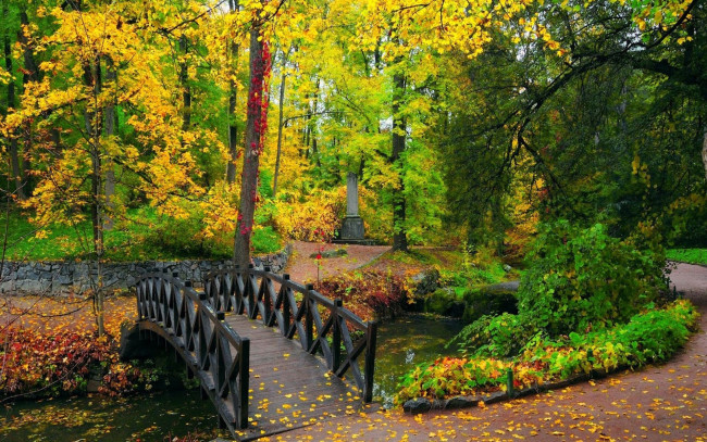 Обои картинки фото природа, парк, водоем, листопад, мостик, осень